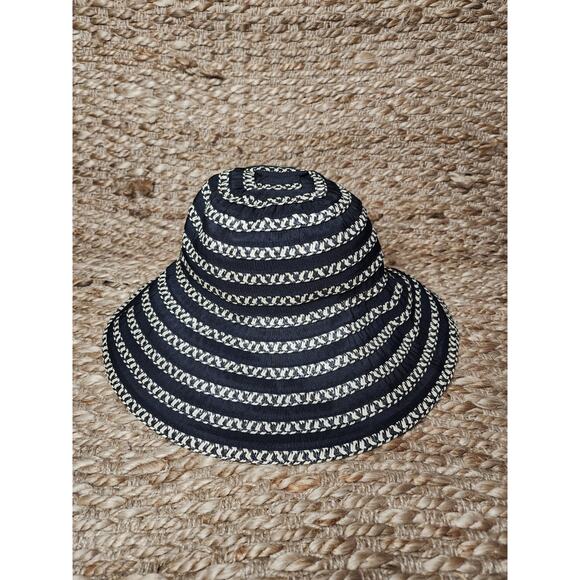 H&M Braided Straw Floppy Brim Sun Hat Size Medium Black Beige - Picture 3 of 8